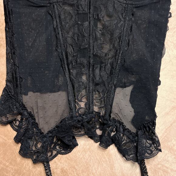 Floral Lace Polka Dot Mesh Corset Bustier Lingerie Top Ruffled Hem Garter Straps - Picture 4 of 5